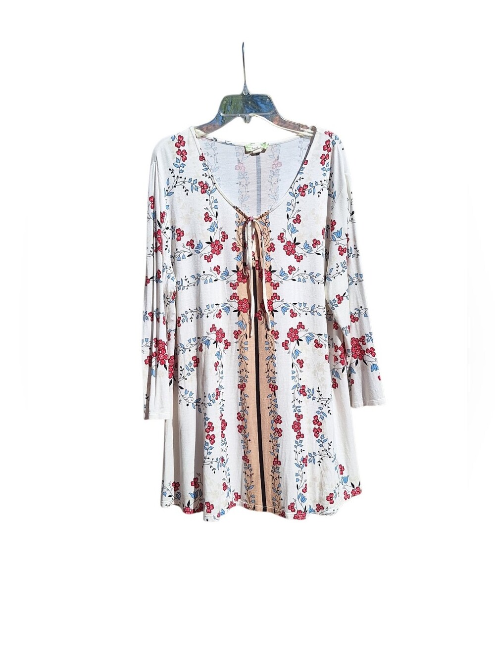 Floral Tunic Top Butter Mom Tie Front Long Sleeve Cream Boho Country Women XL